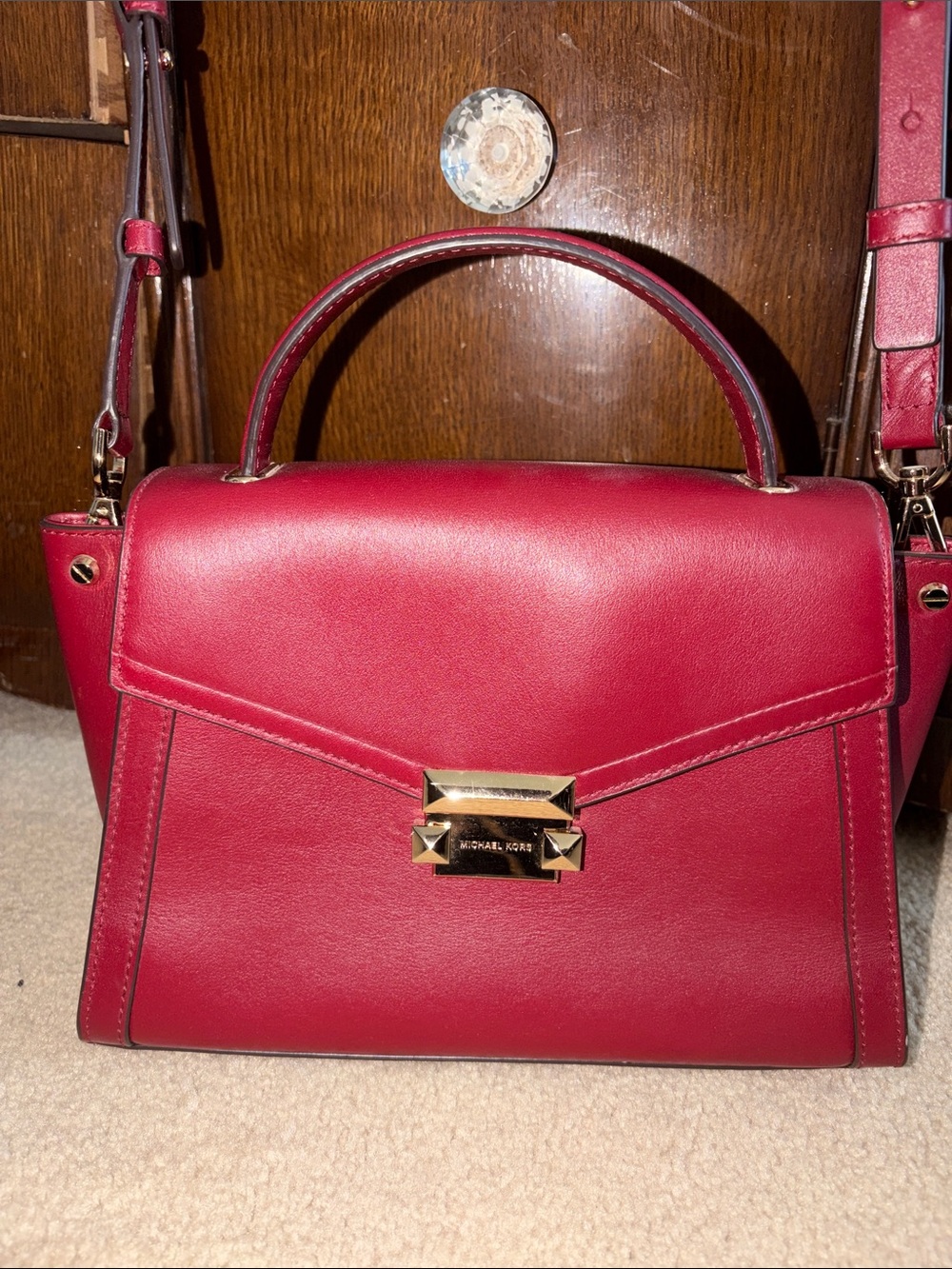 Michael Kors Red Leather Structured Satchel with Gold Hardware